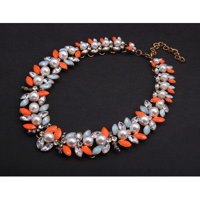 N-3935 New Vintage Z*A Style Antique Gold Plated  Alloy White Pearl Flower Rhinestone Colorful  Crystal Statement Choker Necklace
