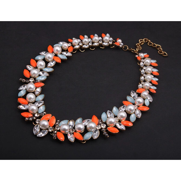 N-3935 New Vintage Z*A Style Antique Gold Plated  Alloy White Pearl Flower Rhinestone Colorful  Crystal Statement Choker Necklace