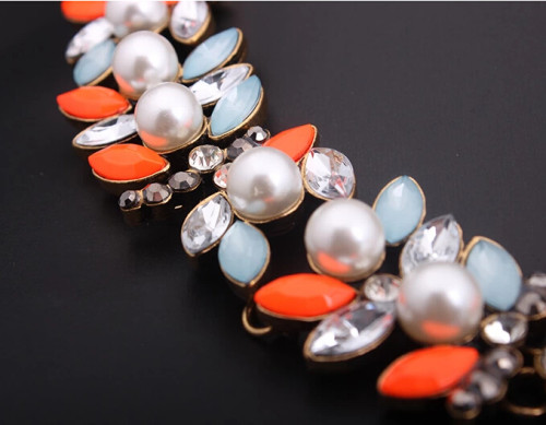 N-3935 New Vintage Z*A Style Antique Gold Plated  Alloy White Pearl Flower Rhinestone Colorful  Crystal Statement Choker Necklace