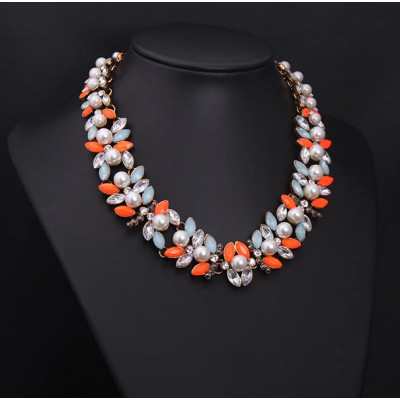 N-3935 New Vintage Z*A Style Antique Gold Plated  Alloy White Pearl Flower Rhinestone Colorful  Crystal Statement Choker Necklace