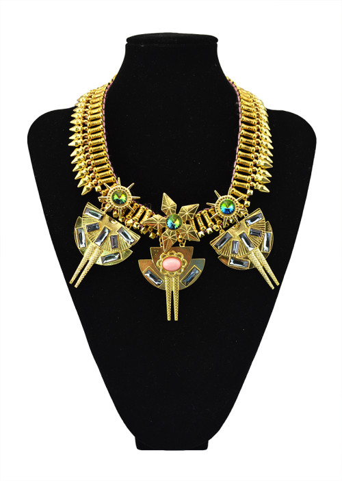 N-5514 New Design Luxury Big Statement Fashion Western Women's Punk Style Crystal Flower Metal Rivets Golden Chain Choker Necklace
