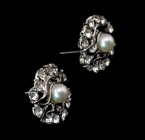 E-3488 Fashion silver rhinestone pearl flower stud earrings for women