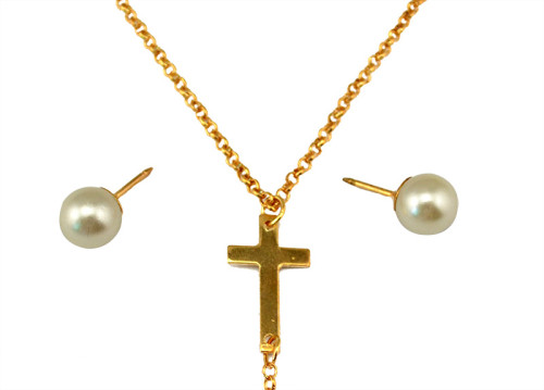 P-0183 New European Charming Lovely gold  Chain crystal white beads cross pendant Collar Pin