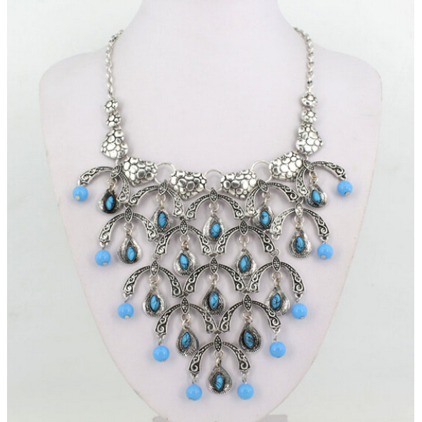 N-5521 Bohemian new vintage turquoise statement necklace tassel necklace green red bead moon sweet heart chain long necklace For Women jewelry