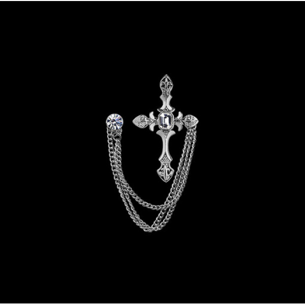 P-0182 Korean Fashion Crystal Rhinestone Brooches Pins Silver Cross Long Tassel Chain Brooches For Unisex Jewelry Accessories