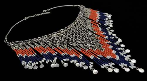 N-5530 Bohemian silver clover design long colorful african bead tassel pendant & stacked statement choker necklace