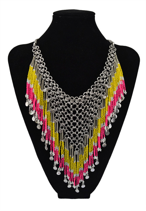 N-5530 Bohemian silver clover design long colorful african bead tassel pendant & stacked statement choker necklace