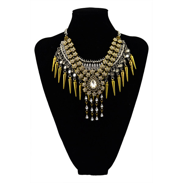 N-5525 Luxury Brand Fashion Style Silver Plated Choker Long Tassel Statement Rhinestone Pendant Necklace
