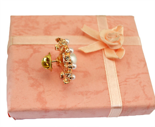 P-0180 Rhinestone Crystal Wedding Bridal Bouquet Gold  Flower Faux Pearl Brooch Pin