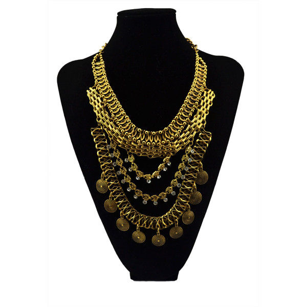 N-5544 Bohemian Style Gun Black gold silver chain crystal choker bib statement necklace