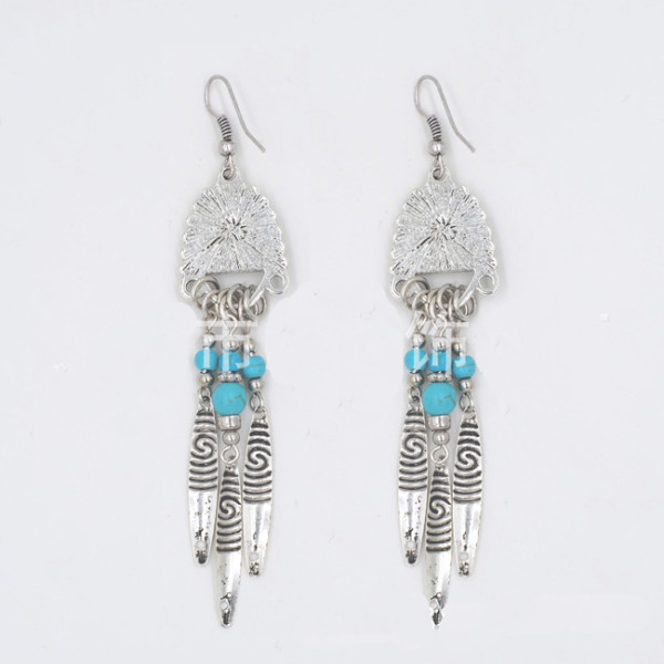 E-3495 Bohemian Vintage Silver Plated Metal Drop Bead Leaf Shape Dangle Earrings