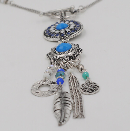 N-5558 Bohemian tibetan silver blue beads coin tassel long bead leaf necklace and earrings sets