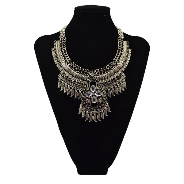 N-5583  Bohemain style silver gold plated big chunky chain rhinestone leaves tassel statement necklace