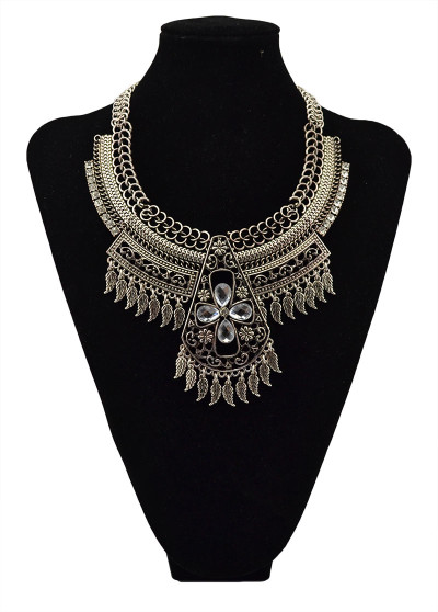 N-5583  Bohemain style silver gold plated big chunky chain rhinestone leaves tassel statement necklace
