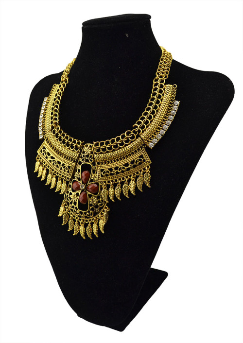 N-5583  Bohemain style silver gold plated big chunky chain rhinestone leaves tassel statement necklace