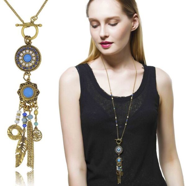 N-5558 Bohemian tibetan silver blue beads coin tassel long bead leaf necklace and earrings sets