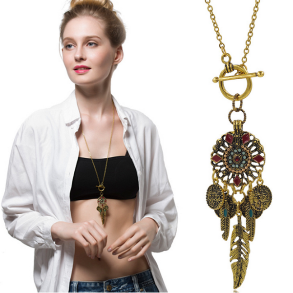 N-5584 Bohemian Vintage  Fashion Style Gold & Silver Plated Carving leaf Beads  Long Pendant Necklace For Women Earrings & Necklace Jewelery set