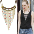 N-5470 Bohemian style double leather chain gold silver colorful bead long tassel statement necklace earing sets