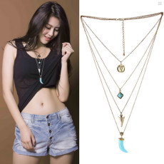 N-5447 European and American retro multi-layer Bohemian gold silver plated long chain turquoise pendant necklace