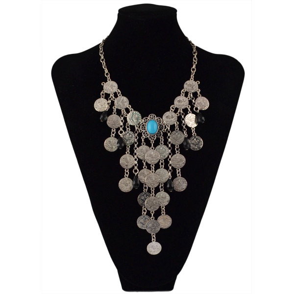 N-5577 Gypsy Boho Beachy Chic silver plated blue black gem stone drop coin tassel statement necklace ,ethnic summer style choker bib necklace 2015