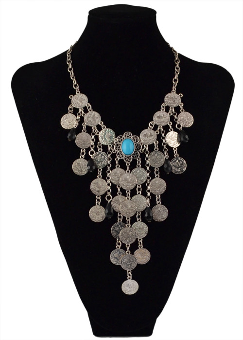 N-5577  Gypsy Boho Beachy Chic silver plated blue black gem stone drop coin tassel statement necklace ,ethnic summer style choker bib necklace 2015