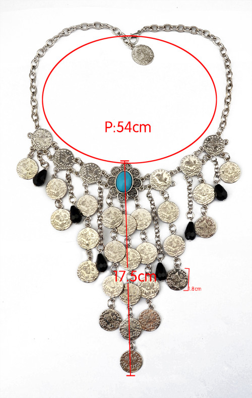 N-5577  Gypsy Boho Beachy Chic silver plated blue black gem stone drop coin tassel statement necklace ,ethnic summer style choker bib necklace 2015