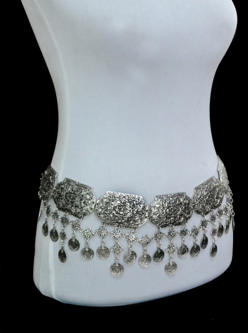 N-5574  Vintage Style Turkish Gypsy Silver Plated Alloy Coin Belly Body Chain Waist