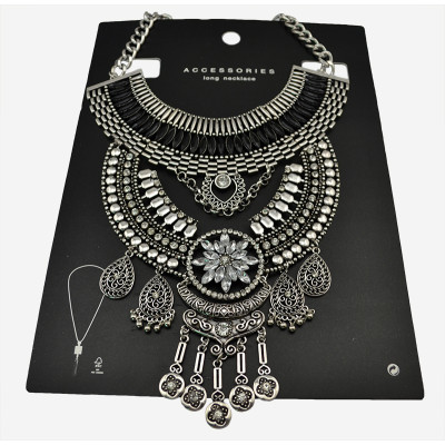 N-5598  European style black resin bead chunky chain carving luxury rhinestone flower tassel choker bib statement necklace 2015
