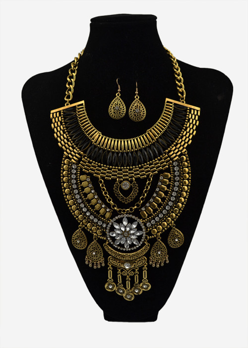 N-5598  European style black resin bead chunky chain carving luxury rhinestone flower tassel choker bib statement necklace 2015