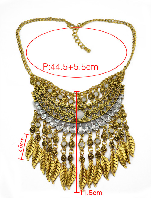 N-5594 European style silver gold resin drop crystal leaves tassel statement necklace