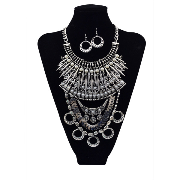 N-5593 European Style Silver and Gold Chunky Chain Carving Luxury Rhinestone Flower Tassel Choker Bib Statement Necklace