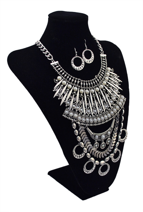 N-5593 European Style Silver and Gold Chunky Chain Carving Luxury Rhinestone Flower Tassel Choker Bib Statement Necklace