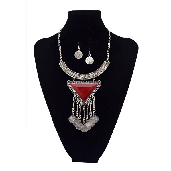 N-5599 European Fashion Women Silver Chain Metal Blue Red Black Big Crystal Triangle Coin Long Tassels Moon Statement Pendant Necklace