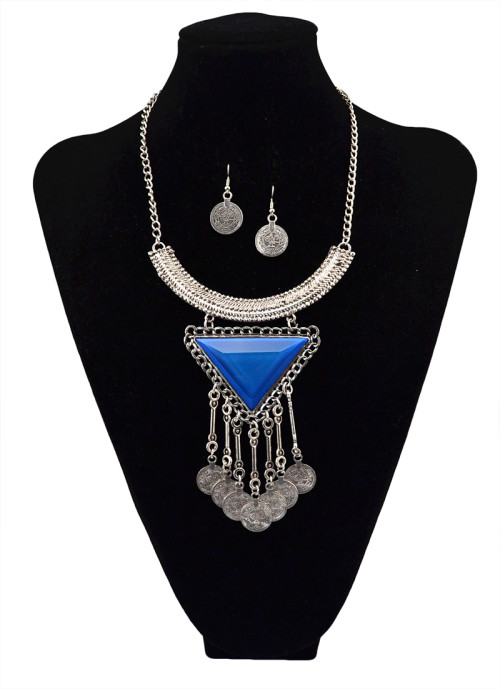 N-5599 European Fashion Women Silver Chain Metal Blue Red Black Big Crystal Triangle Coin Long Tassels Moon Statement Pendant Necklace