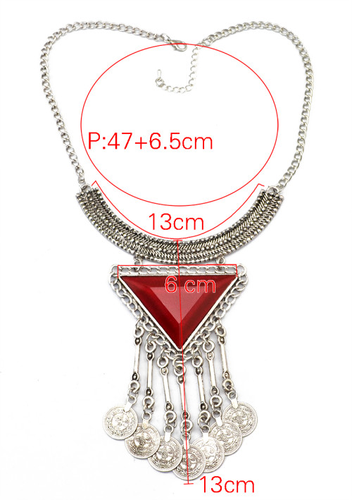 N-5599 European Fashion Women Silver Chain Metal Blue Red Black Big Crystal Triangle Coin Long Tassels Moon Statement Pendant Necklace