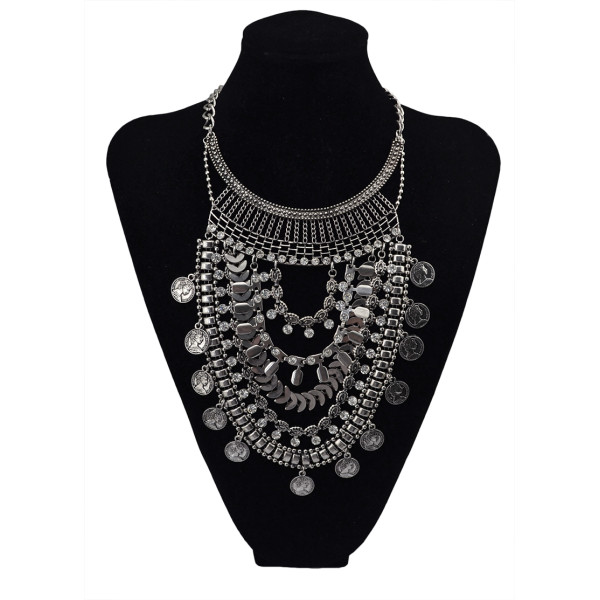 N-5607 New Fashion Turkish Gypsy Bohemian Fashion Silver Plated Crystal Carving  Necklace