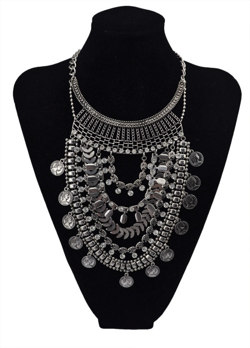 N-5607 New Fashion Turkish Gypsy Bohemian Fashion Silver Plated Crystal Carving  Necklace