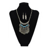 N-5611 Bohemian Vintage Style Silver Plated Carving Flower Turquoise Bead Leaf Tassel Pendant Necklace For Women Earrings & Necklace Jewelery set