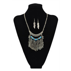 N-5611 Bohemian Vintage Style Silver Plated Carving Flower Turquoise Bead Leaf Tassel Pendant Necklace For Women Earrings & Necklace Jewelery set
