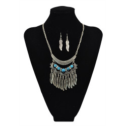 N-5611 Bohemian Vintage Style Silver Plated Carving Flower Turquoise Bead Leaf Tassel Pendant Necklace For Women Earrings & Necklace Jewelery set