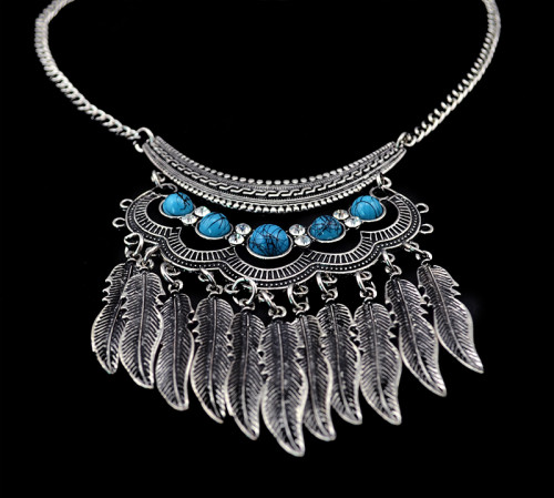 N-5611 Bohemian Vintage Style Silver Plated Carving Flower Turquoise Bead Leaf Tassel Pendant Necklace For Women Earrings & Necklace Jewelery set