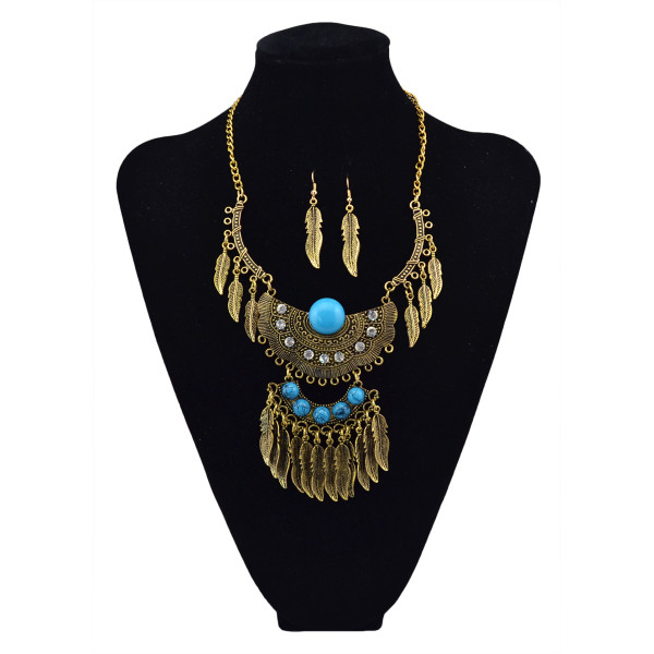 N-5613 Bohemian Vintage Style Silver Plated Carving Flower Crystal Beads Leaf Tassel Pendant Earrings Necklace Set