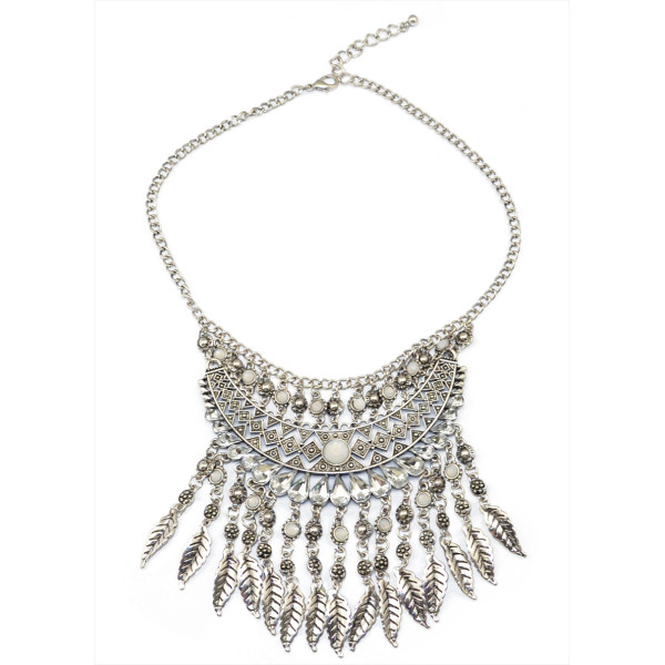 N-5594 European style silver gold resin drop crystal leaves tassel statement necklace