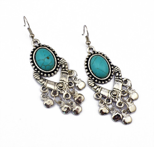 E-3505 Bohemian Vintage Carving Metal Round Turquoise Bead cute small apples Shape tassels Dangle Earrings