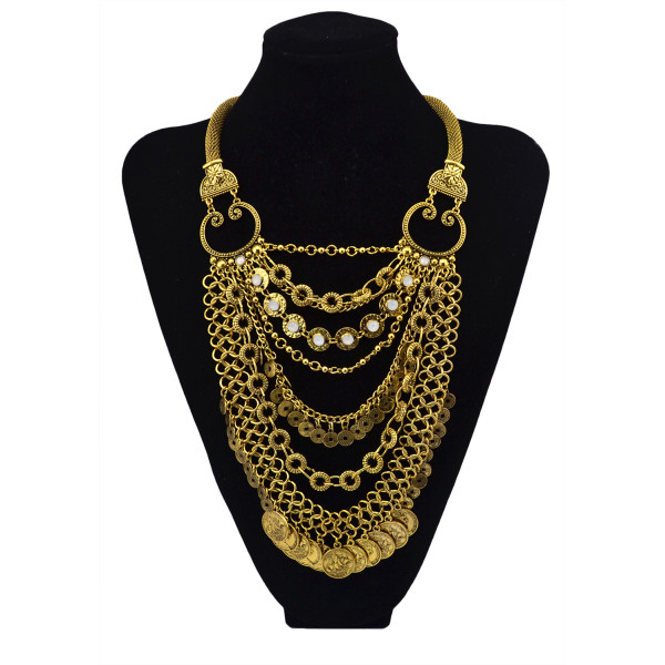 N-5617 Fashion multi layer coin tassel statement ncklace opal white gem bead snake gold silver clavicle necklaces & pendants