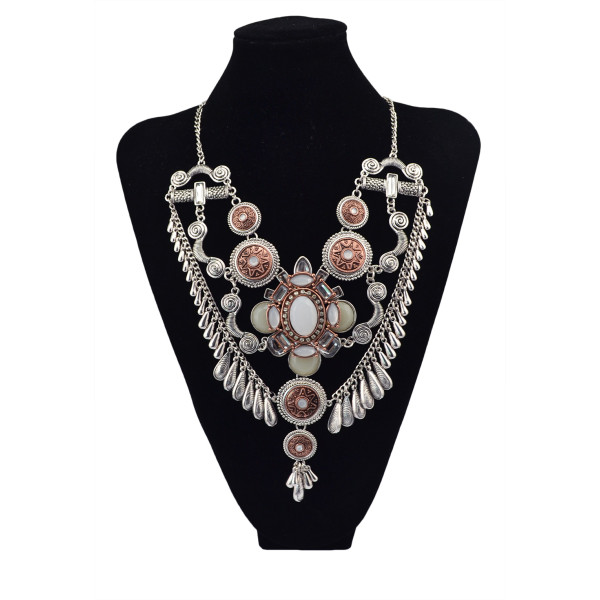 N-5635 Western Vintage gold silver Plated Large Flower Resin Crystal Pendant Choker Chain Tassel Bib Statement Necklace