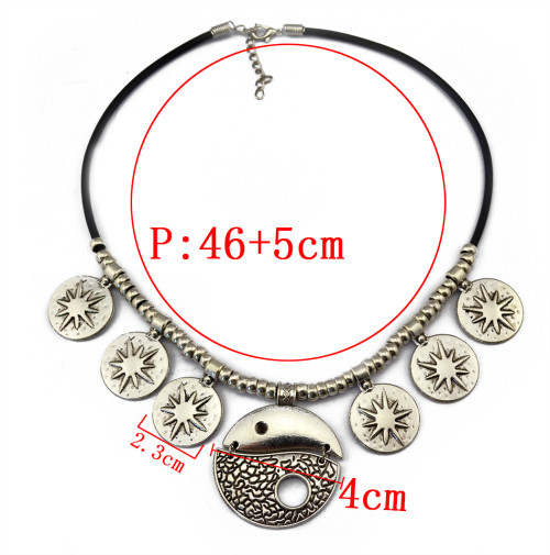N-5630 Bohemian Vintage Silver Plated Charm Red Blue Acrylic Bead Round Pendant Leather Chunky Statement Necklace For Women