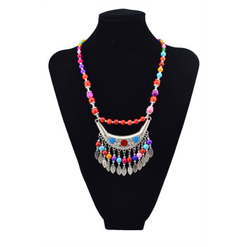 N-5640 Bohemian Vintage Colorful Acrylic Bead Chain Alloy Moon Leaves Tassel Pendant Choker Necklace for Women Costume Jewelry