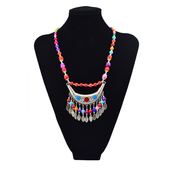 N-5640 Bohemian Vintage Colorful Acrylic Bead Chain Alloy Moon Leaves Tassel Pendant Choker Necklace for Women Costume Jewelry