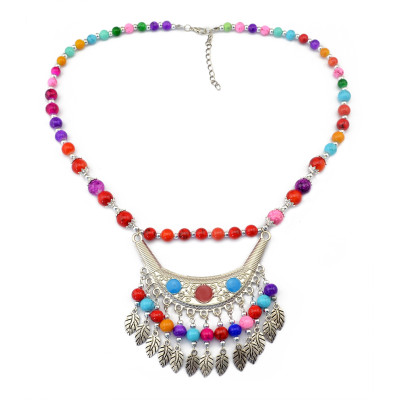 N-5640 Bohemian Vintage Colorful Acrylic Bead Chain Alloy Moon Leaves Tassel Pendant Choker Necklace for Women Costume Jewelry